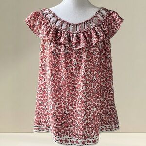 Max Studio Floral Flutter Sleeve Blouse Ruffle and Cutout Details on Neckline